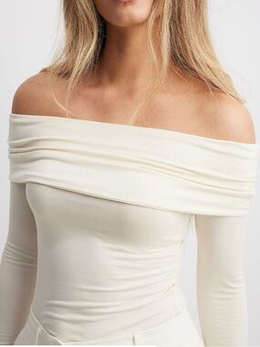 NA-KD Soft Line Long Sleeve Off Shoulder Top in Off White